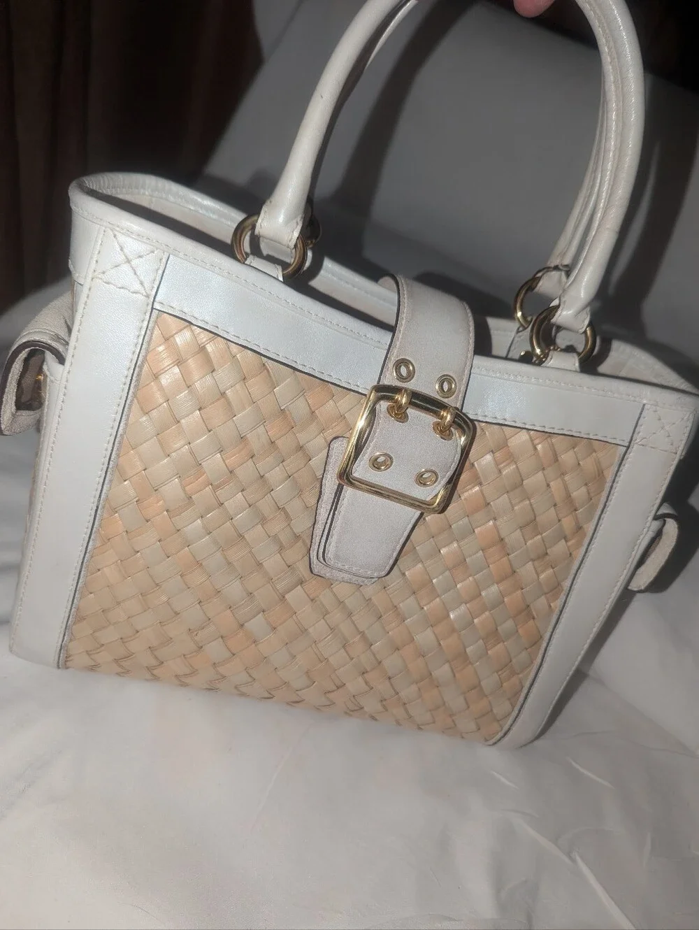 Vintage Coach Hamptons Y2K Woven Satchel in Natural and White Leather 4419